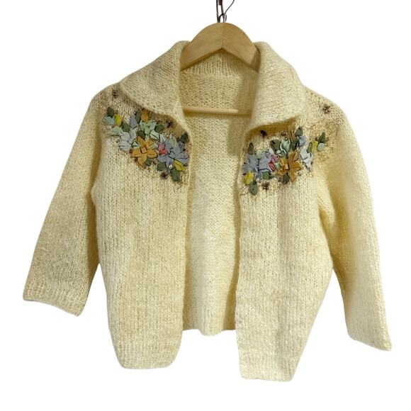Handmade Sweaters - Vintage Handmade 3D Mohair Wool Ivory Beaded Cardigan